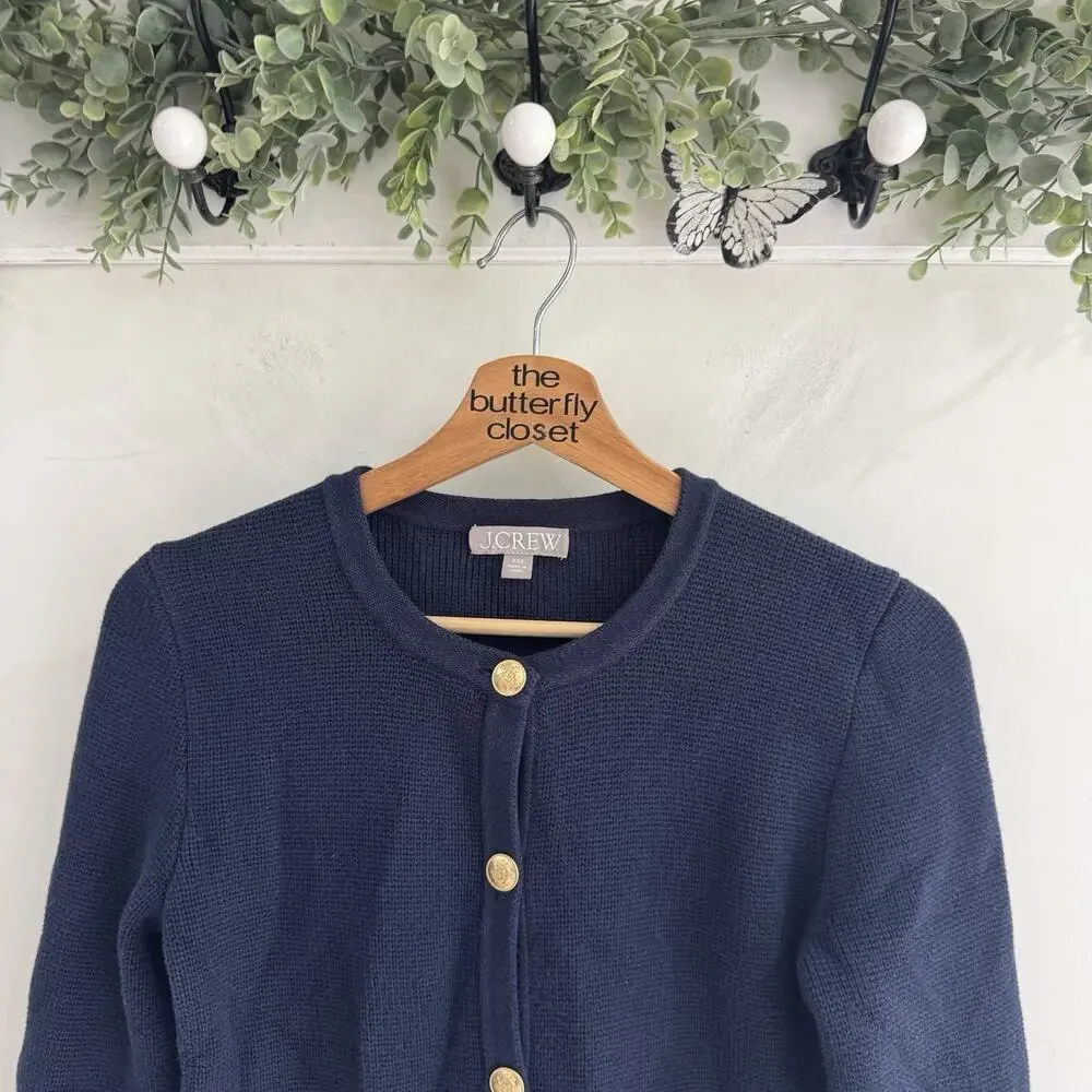 J.Crew Emilie patch pocket sweater Navy Gold Button XXS 15-55 preppy academia
